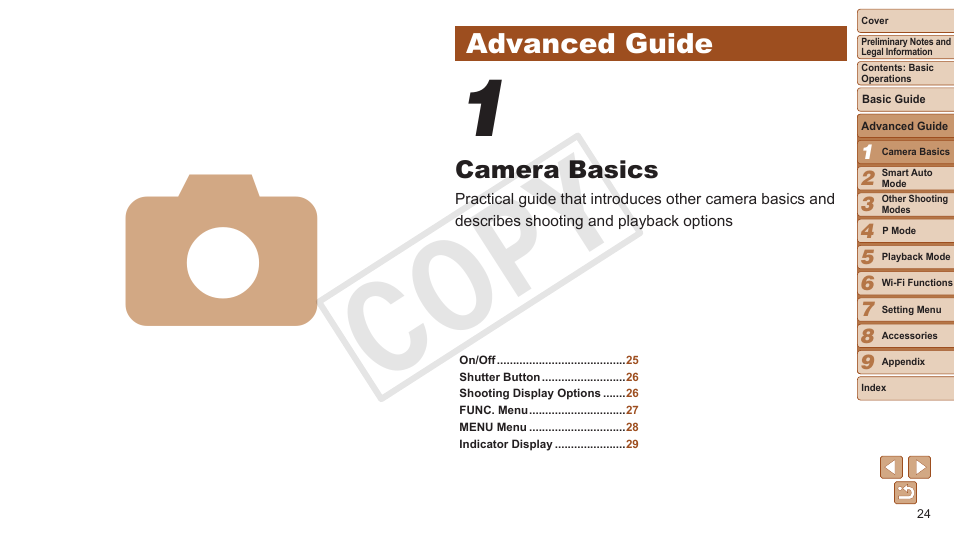 Advanced guide, Camera basics, Cop y | Canon PowerShot A3500 IS User Manual | Page 24 / 142