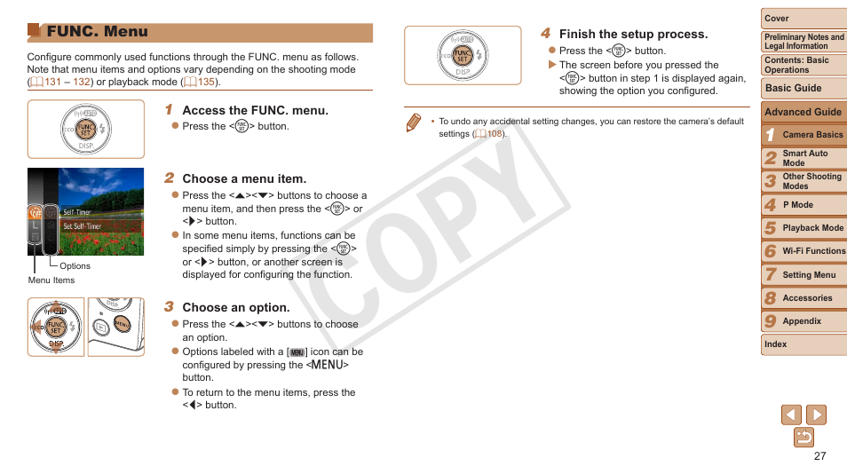 Func. menu, Cop y | Canon PowerShot A3500 IS User Manual | Page 27 / 142