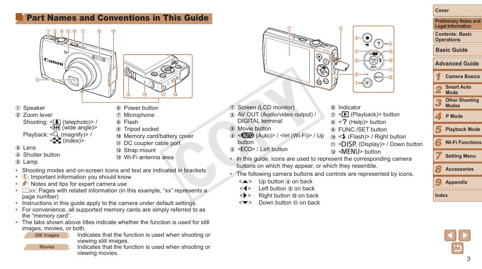 Cop y, Part names and conventions in this guide | Canon PowerShot A3500 IS User Manual | Page 3 / 142
