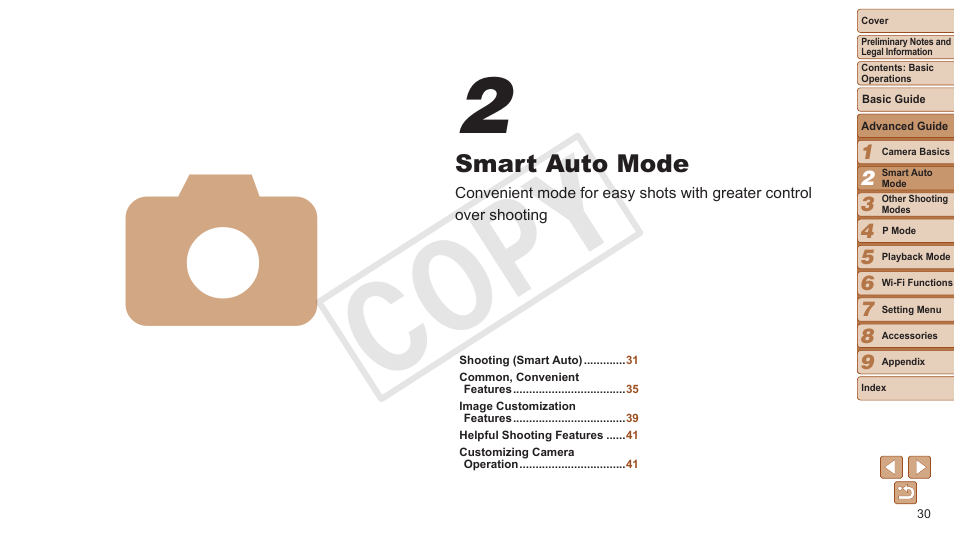Smart auto mode, Cop y | Canon PowerShot A3500 IS User Manual | Page 30 / 142