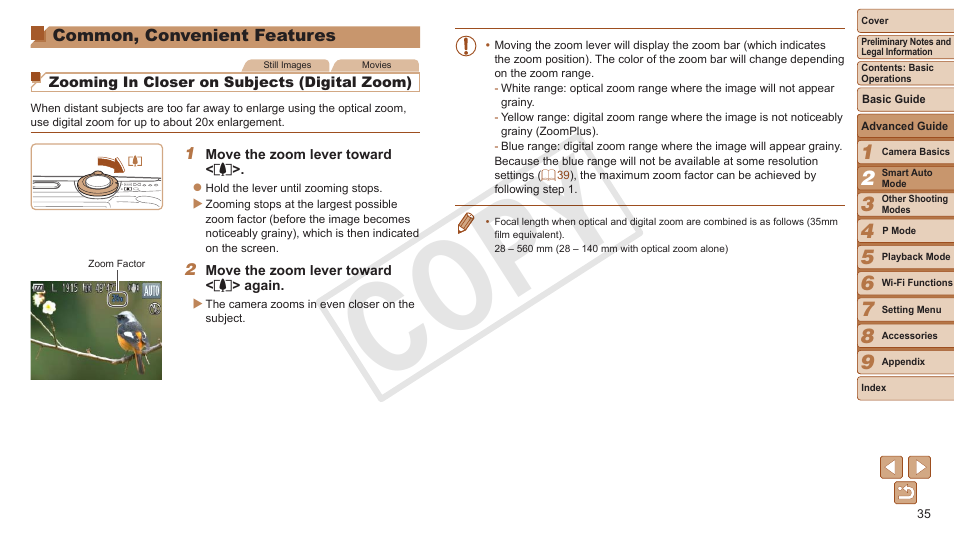 Common, convenient features, Common, convenient, Features | Cop y | Canon PowerShot A3500 IS User Manual | Page 35 / 142