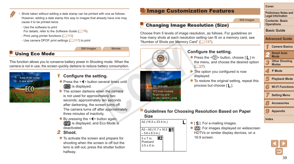 Image customization features, Image customization, Features | Settings, The maximum zoom factor can be achieved by, Cop y | Canon PowerShot A3500 IS User Manual | Page 39 / 142