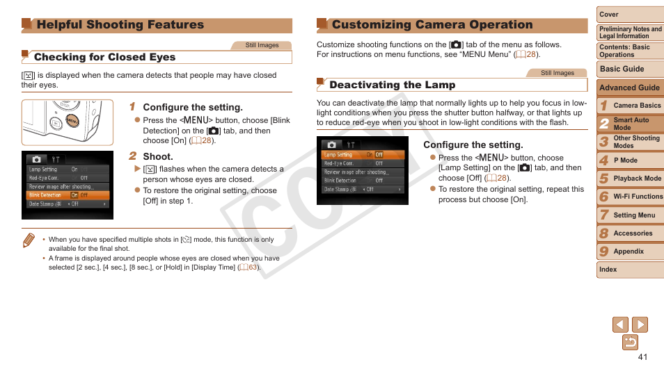 Helpful shooting features, Customizing camera, Operation | Cop y | Canon PowerShot A3500 IS User Manual | Page 41 / 142