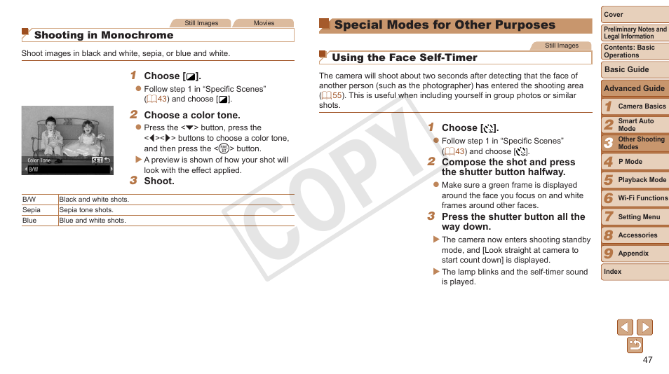 Special modes for other, Purposes, Cop y | Canon PowerShot A3500 IS User Manual | Page 47 / 142