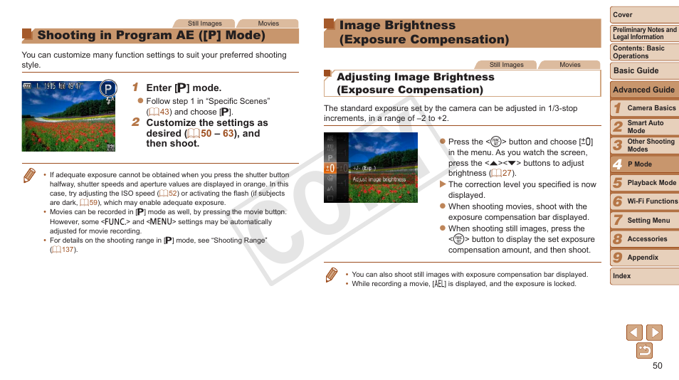 Shooting in program ae, P] mode), Image brightness | Exposure compensation), Cop y | Canon PowerShot A3500 IS User Manual | Page 50 / 142