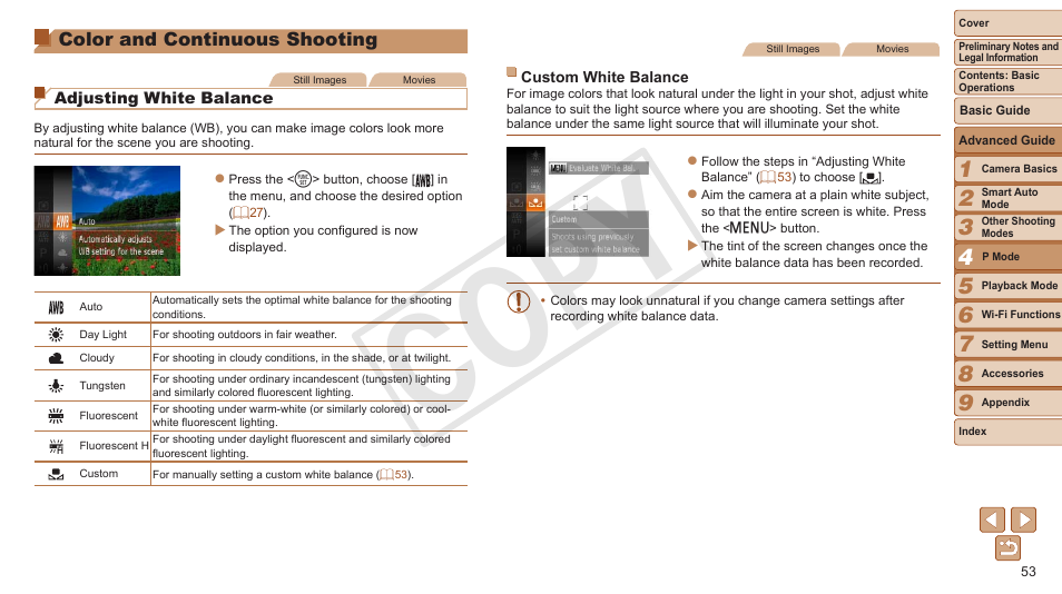 Color and continuous shooting, Color and continuous, Shooting | Cop y | Canon PowerShot A3500 IS User Manual | Page 53 / 142