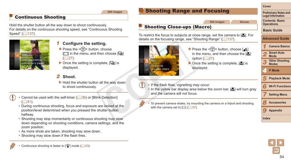Shooting range and focusing, Shooting range and, Focusing | Cop y | Canon PowerShot A3500 IS User Manual | Page 54 / 142