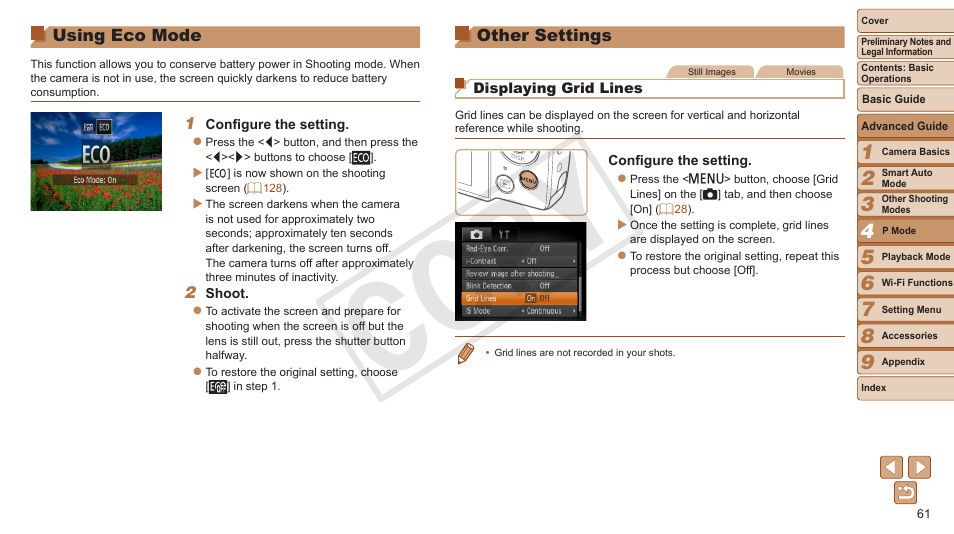 Using eco mode, Other settings, Cop y | Canon PowerShot A3500 IS User Manual | Page 61 / 142