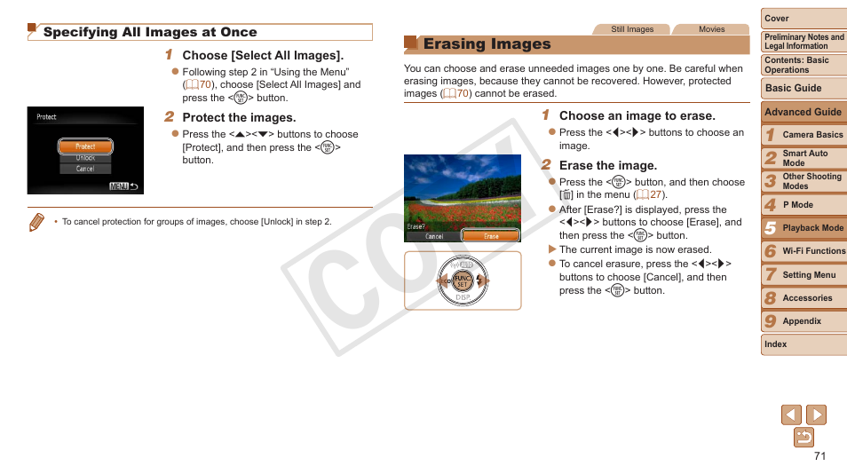 Erasing images, Erase, Cop y | Canon PowerShot A3500 IS User Manual | Page 71 / 142