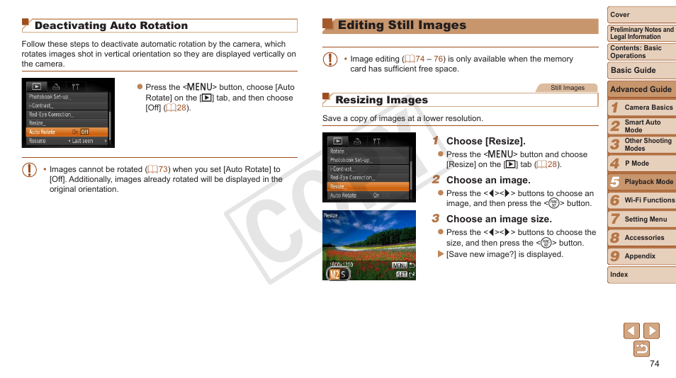 Editing still images, Cop y | Canon PowerShot A3500 IS User Manual | Page 74 / 142