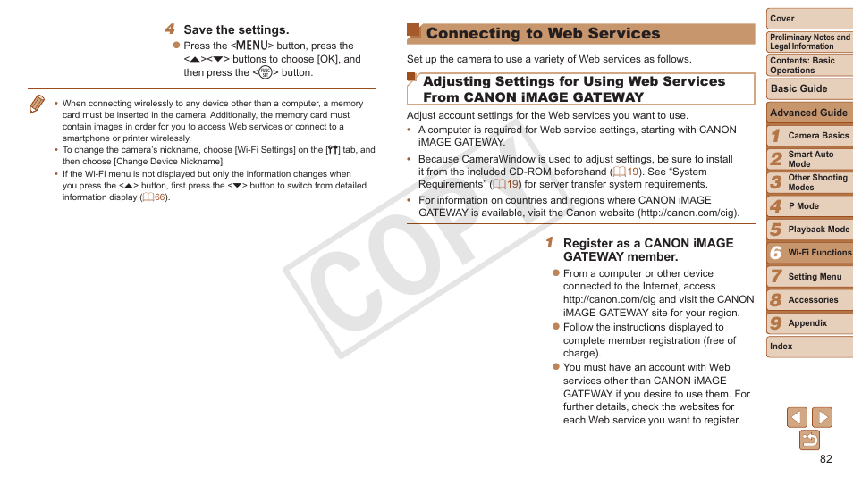 Connecting to web services, Cop y | Canon PowerShot A3500 IS User Manual | Page 82 / 142