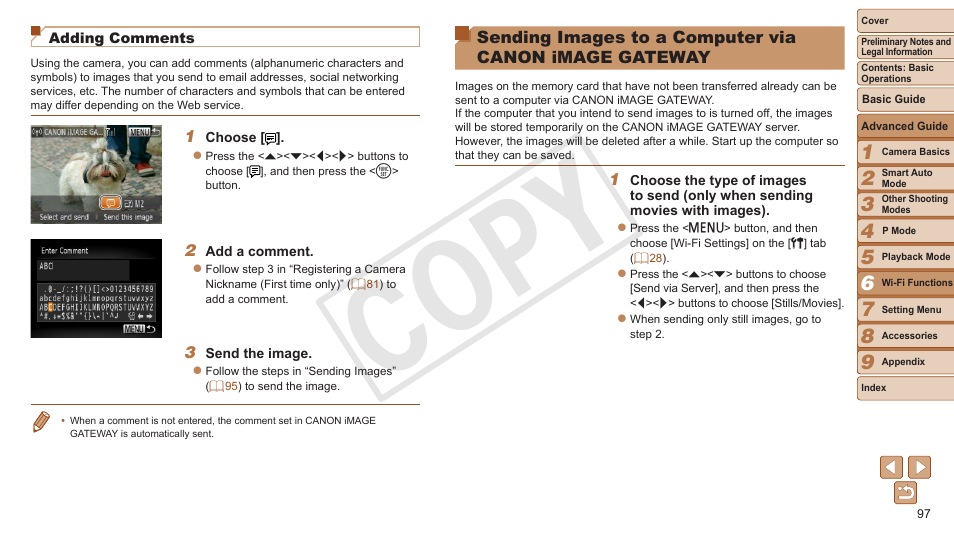 Sending images to a computer via, Canon image gateway, Sending images to a computer | Via canon image, Gateway, Erred via a server, Cop y | Canon PowerShot A3500 IS User Manual | Page 97 / 142