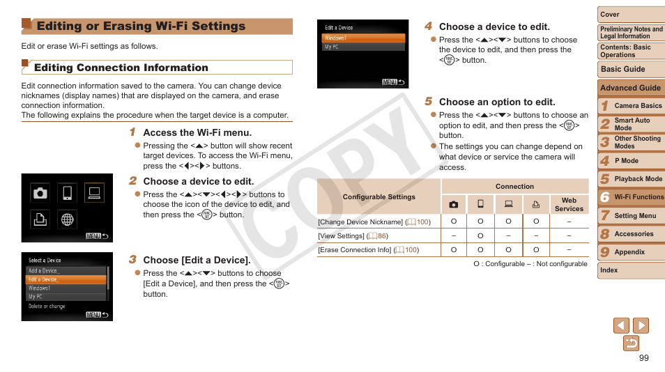 Editing or erasing wi-fi, Settings, Cop y | Editing or erasing wi-fi settings | Canon PowerShot A3500 IS User Manual | Page 99 / 142