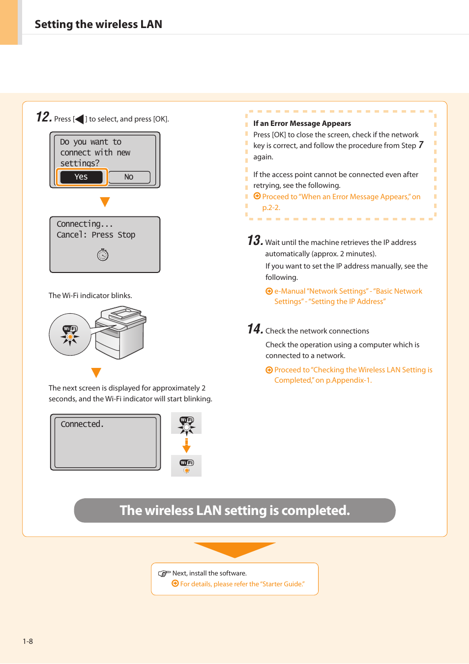 The wireless lan setting is completed, Setting the wireless lan | Canon imageCLASS MF5950dw User Manual | Page 10 / 20