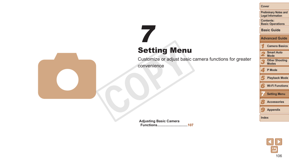 Setting menu, Cop y | Canon PowerShot ELPH 130 IS User Manual | Page 106 / 147