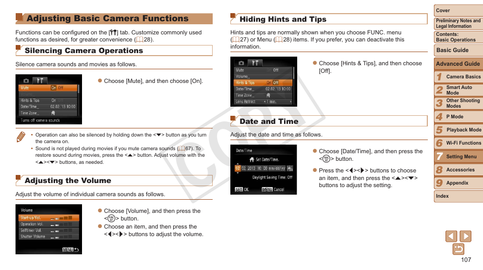 Adjusting basic camera, Functions, Cop y | Canon PowerShot ELPH 130 IS User Manual | Page 107 / 147
