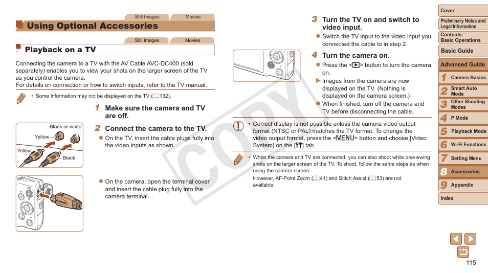 Using optional accessories, Ideo system, System | 115), and [language, Cop y | Canon PowerShot ELPH 130 IS User Manual | Page 115 / 147