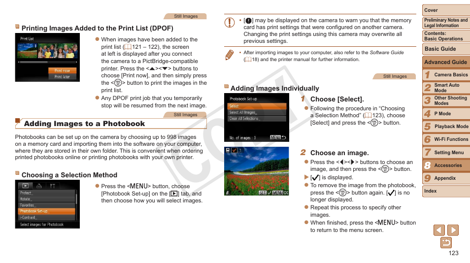Adding images to a photobook, Batch printing, 123) and ordering prints from a photo development | Cop y | Canon PowerShot ELPH 130 IS User Manual | Page 123 / 147