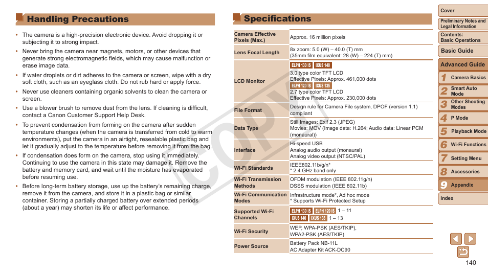 Handling precautions, Specifications, Cop y | Canon PowerShot ELPH 130 IS User Manual | Page 140 / 147