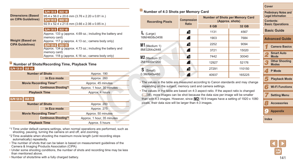 See number of shots/recording time, Playback time, Number of 4:3 shots per memory card | Cop y | Canon PowerShot ELPH 130 IS User Manual | Page 141 / 147