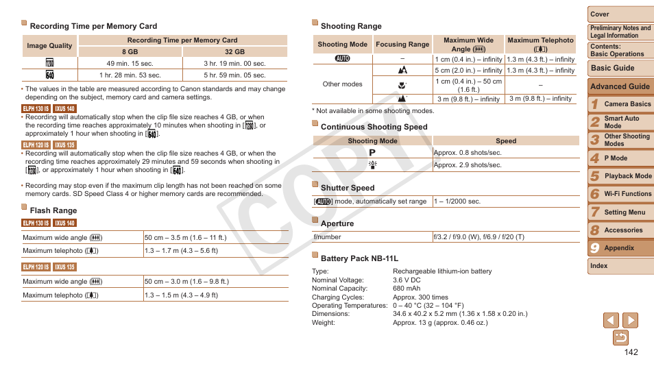 Range (shooting range), see shooting range, See recording time per memory card, Mode, see shooting range | Speed, Details on the focusing range, see shooting range, On the focusing range, see shooting range, Flash range, For details on the flash range, see flash range, Shoot within flash range, Cop y | Canon PowerShot ELPH 130 IS User Manual | Page 142 / 147