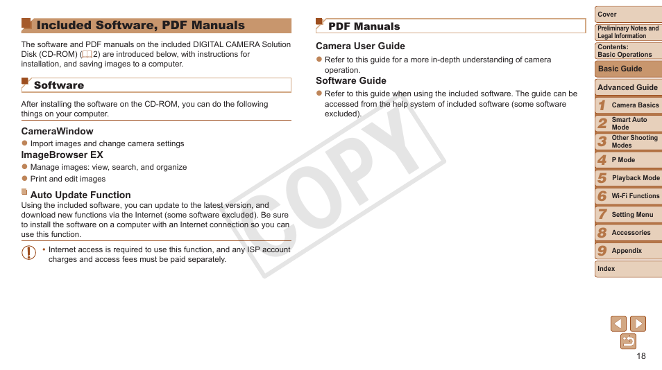 Included software, pdf, Manuals, Included software | Pdf manuals, Cop y | Canon PowerShot ELPH 130 IS User Manual | Page 18 / 147