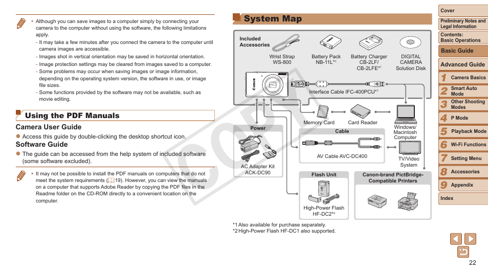 System map, Cop y | Canon PowerShot ELPH 130 IS User Manual | Page 22 / 147