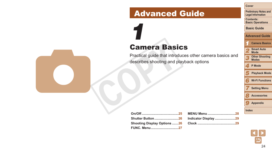 Advanced guide, Camera basics, Cop y | Canon PowerShot ELPH 130 IS User Manual | Page 24 / 147