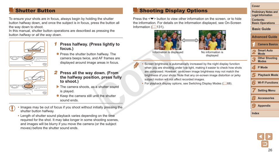 Shutter button, Shooting display options, Halfway | Cop y | Canon PowerShot ELPH 130 IS User Manual | Page 26 / 147