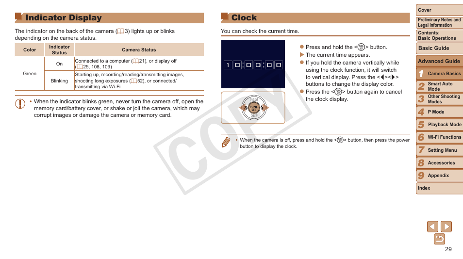 Indicator display, Clock, Cop y | Canon PowerShot ELPH 130 IS User Manual | Page 29 / 147