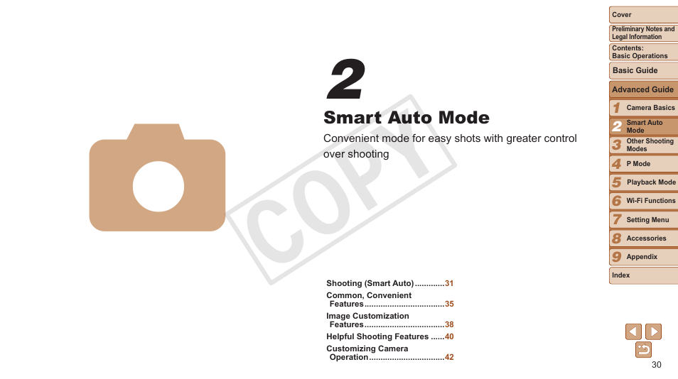 Smart auto mode, Cop y | Canon PowerShot ELPH 130 IS User Manual | Page 30 / 147