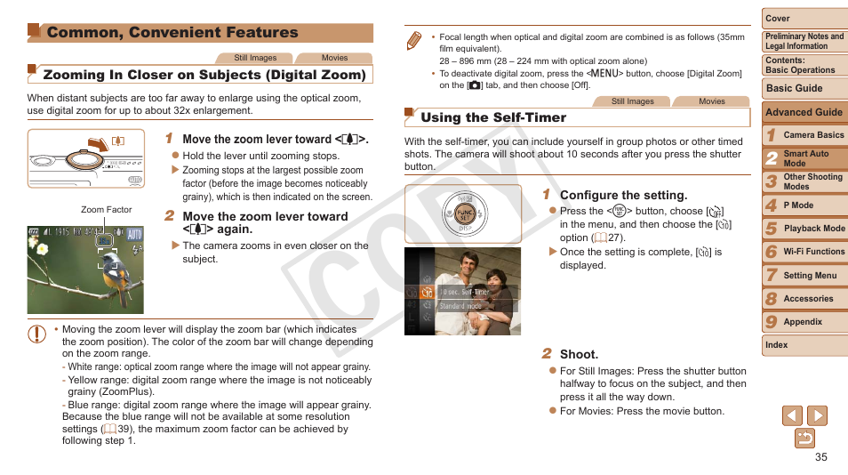 Common, convenient features, Common, convenient, Features | Cop y | Canon PowerShot ELPH 130 IS User Manual | Page 35 / 147