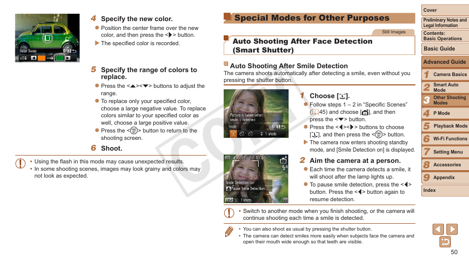 Special modes for other, Purposes, Cop y | Canon PowerShot ELPH 130 IS User Manual | Page 50 / 147