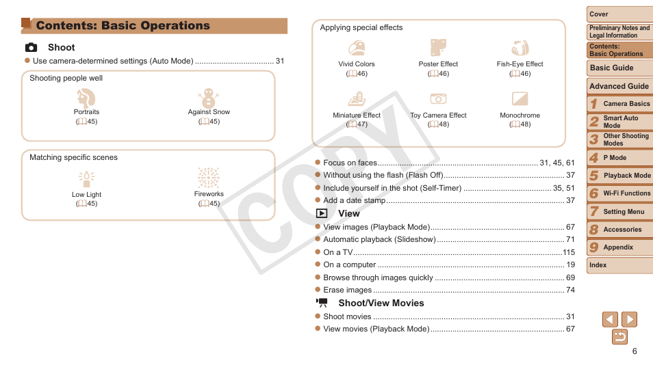 Contents: basic operations, Cop y | Canon PowerShot ELPH 130 IS User Manual | Page 6 / 147