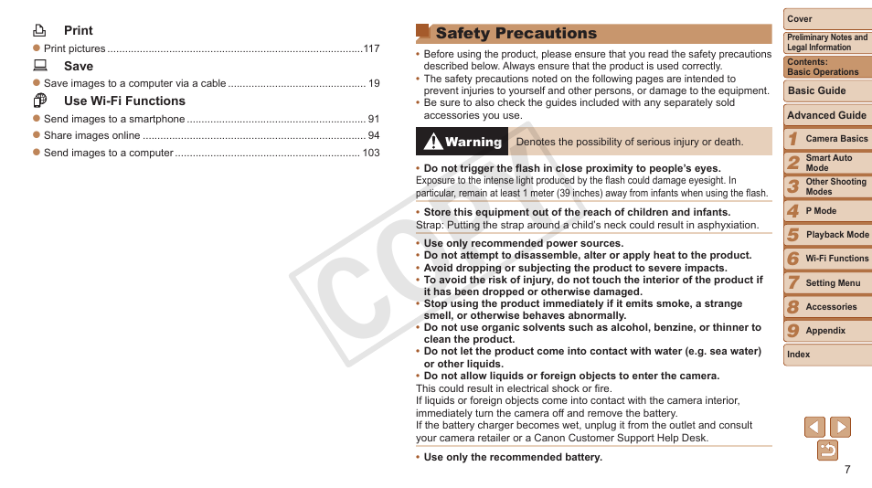 Safety precautions, Cop y | Canon PowerShot ELPH 130 IS User Manual | Page 7 / 147