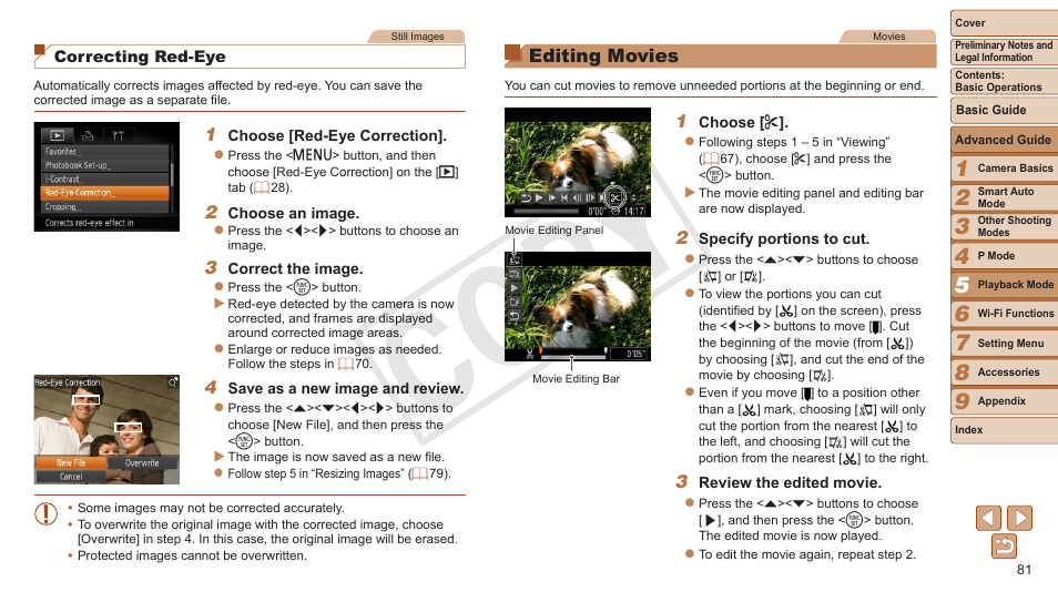 Editing movies, Ou can also correct existing images, 81), a message | 81) is only available when the memory, Cop y | Canon PowerShot ELPH 130 IS User Manual | Page 81 / 147