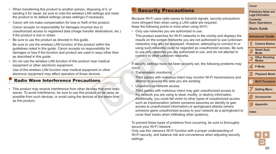 Security precautions, Cop y | Canon PowerShot ELPH 130 IS User Manual | Page 86 / 147