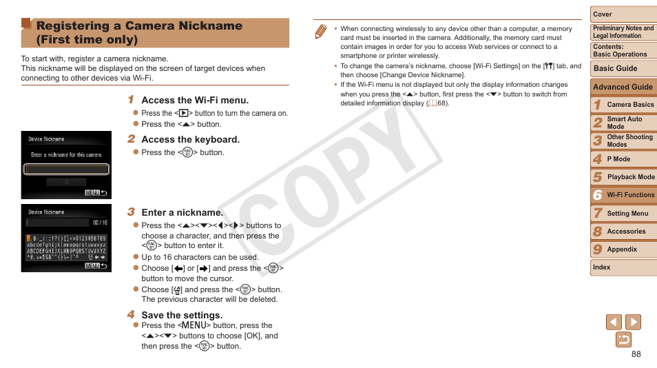 Registering a camera nickname, First time only), Nickname | Cop y | Canon PowerShot ELPH 130 IS User Manual | Page 88 / 147