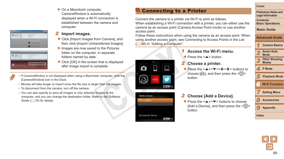 Connecting to a printer, Cop y | Canon PowerShot ELPH 130 IS User Manual | Page 99 / 147