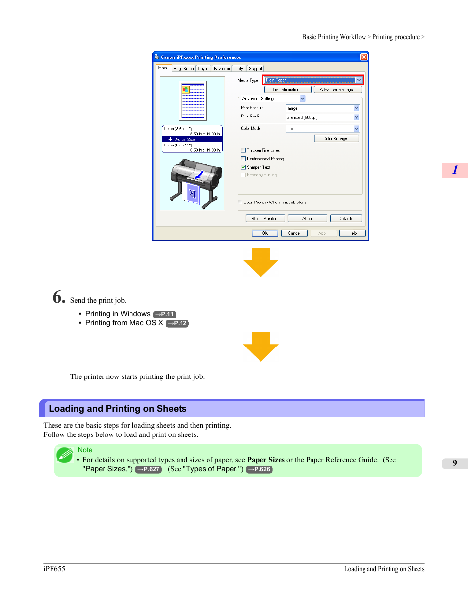 Loading and printing on sheets, See "loading and printing on sheets.") | Canon imagePROGRAF iPF655 User Manual | Page 25 / 948