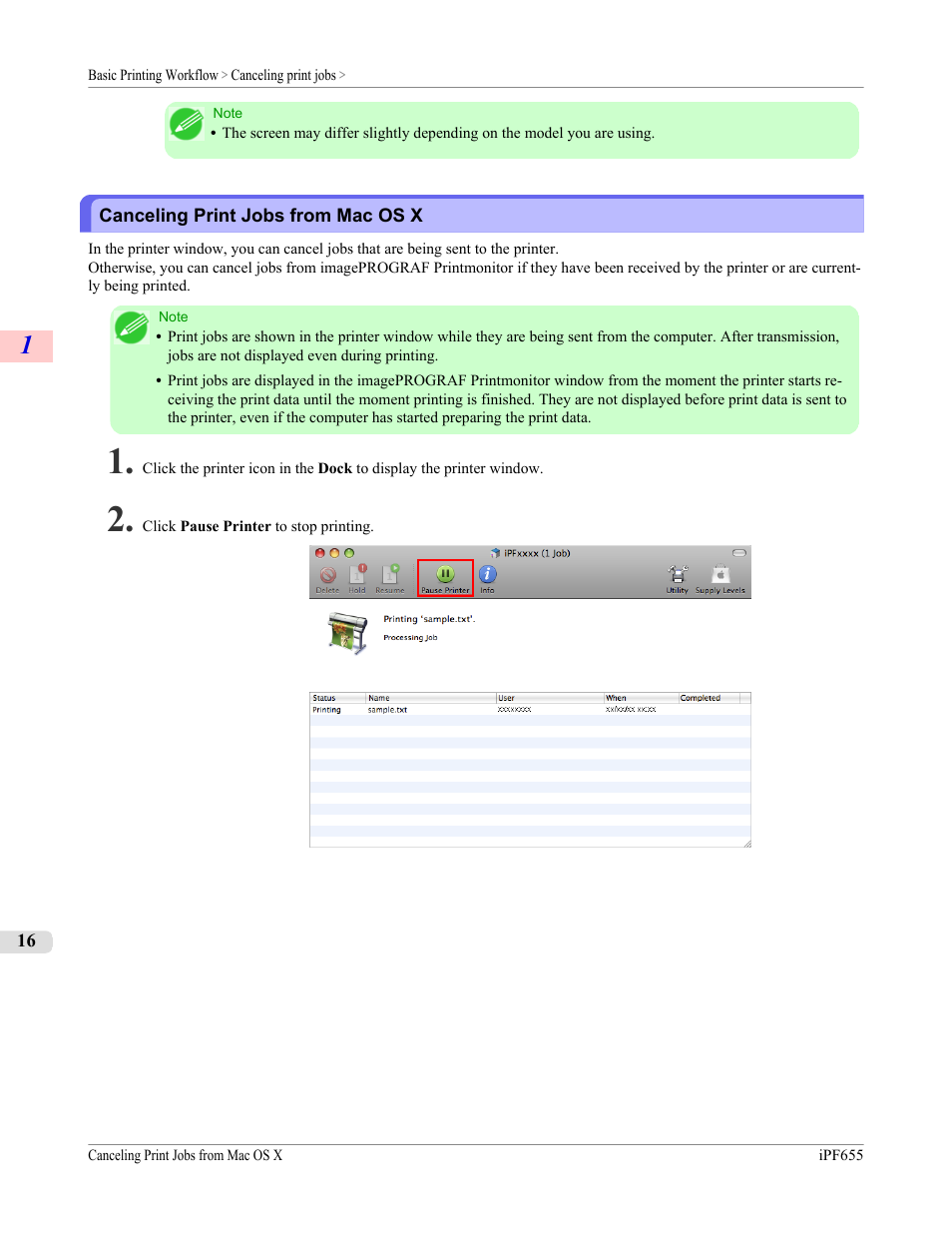 Canceling print jobs from mac os x | Canon imagePROGRAF iPF655 User Manual | Page 32 / 948