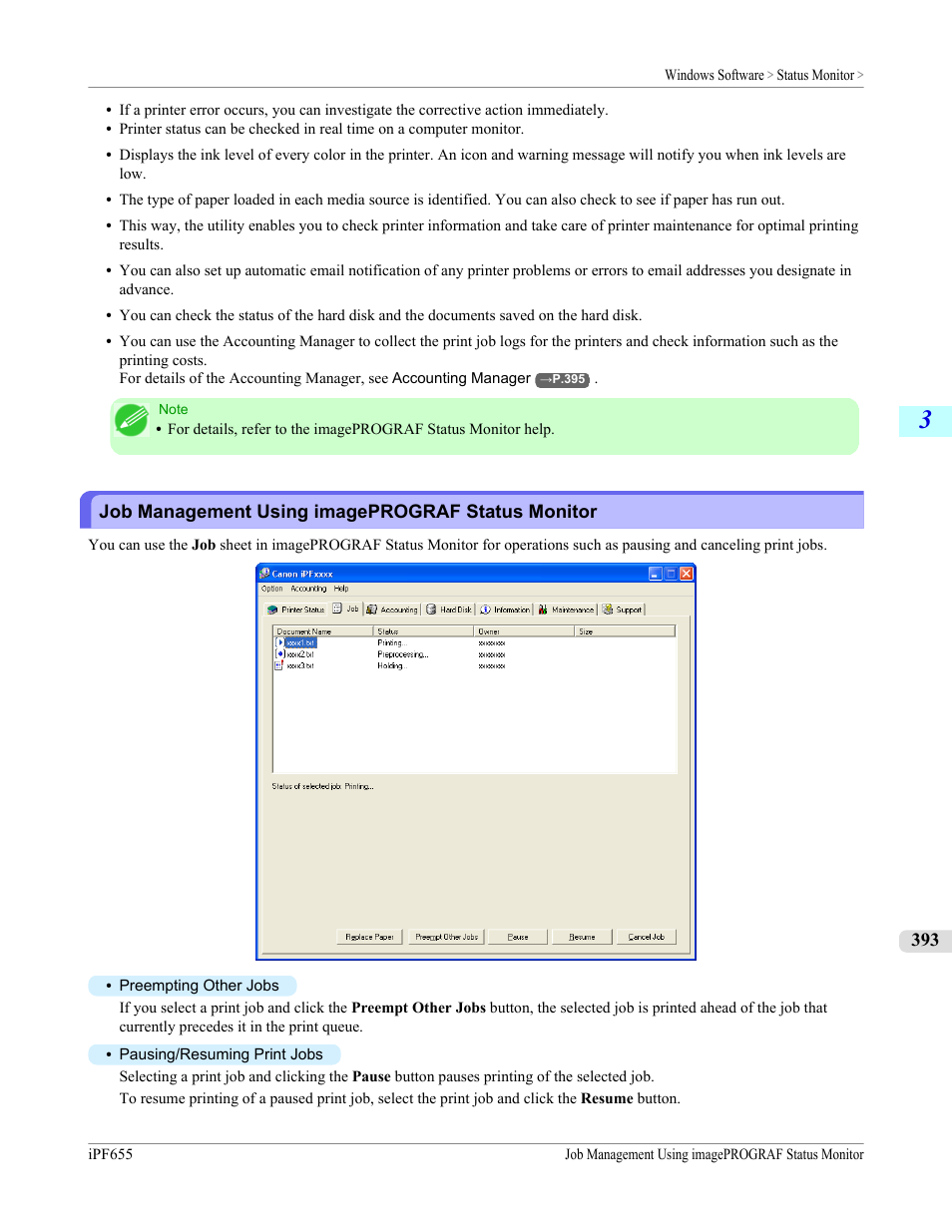 Job management using imageprograf status monitor | Canon imagePROGRAF iPF655 User Manual | Page 409 / 948
