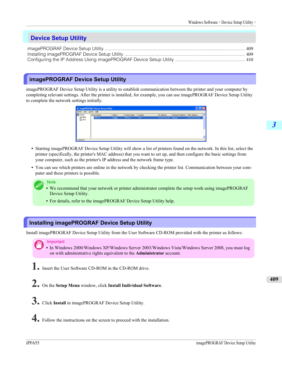 Device setup utility, Imageprograf device setup utility, Installing imageprograf device setup utility | Canon imagePROGRAF iPF655 User Manual | Page 425 / 948