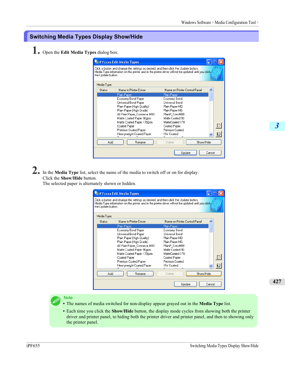 Switching media types display show/hide, P.427 | Canon imagePROGRAF iPF655 User Manual | Page 443 / 948