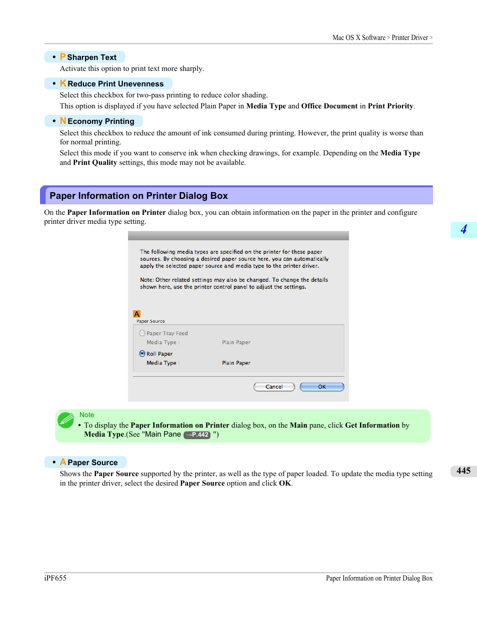 Paper information on printer dialog box, P.445 | Canon imagePROGRAF iPF655 User Manual | Page 461 / 948