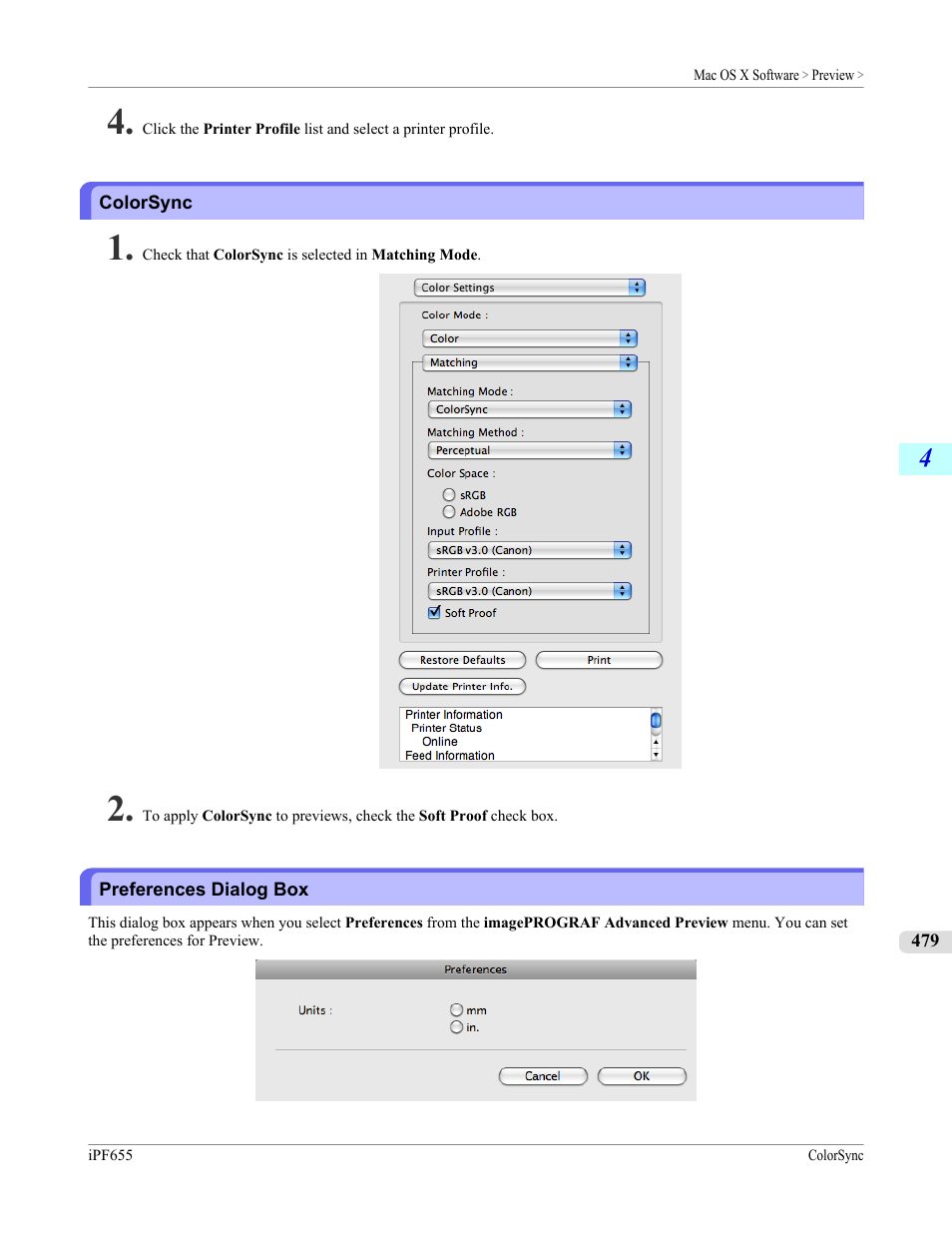 Colorsync, Preferences dialog box, P.479 | Canon imagePROGRAF iPF655 User Manual | Page 495 / 948