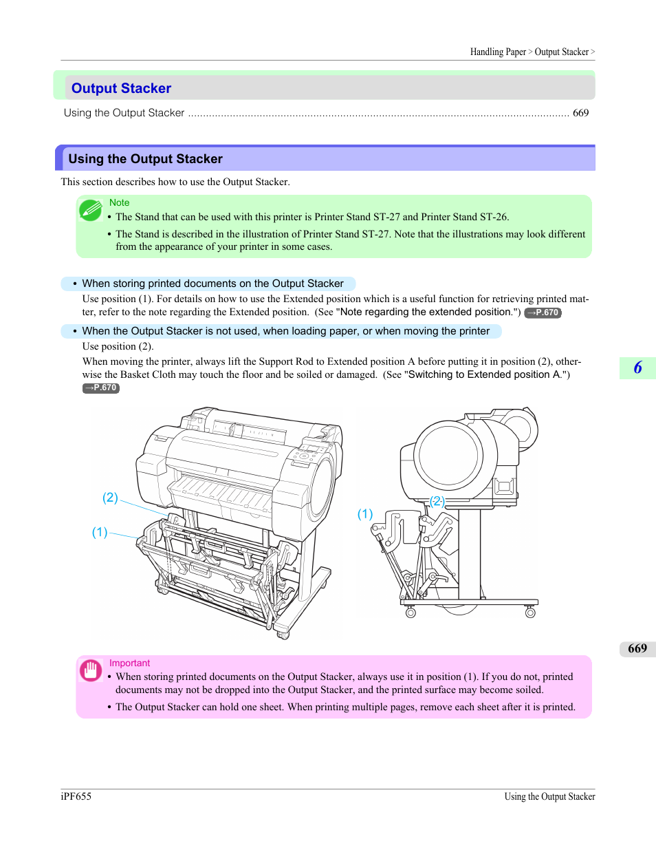 Output stacker, Using the output stacker | Canon imagePROGRAF iPF655 User Manual | Page 685 / 948