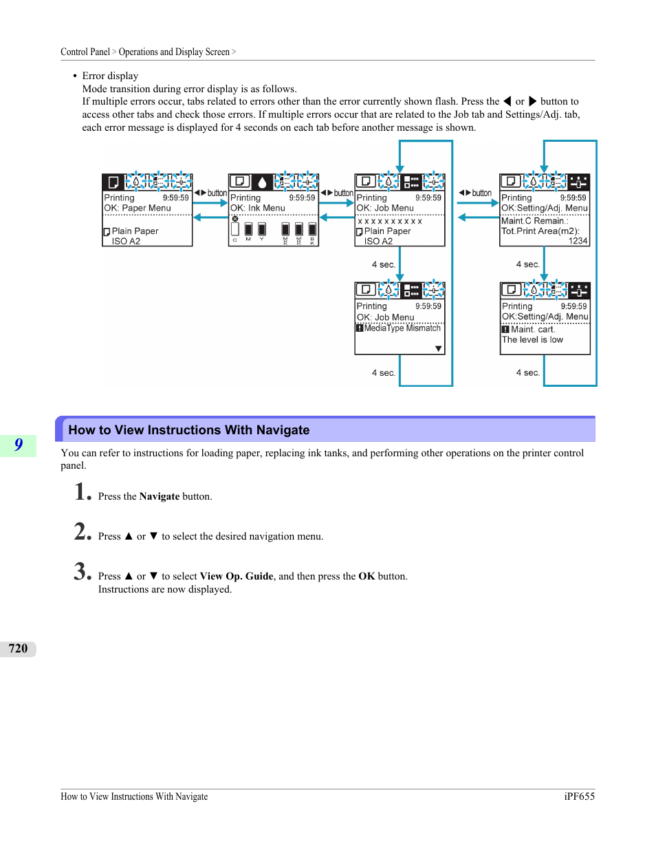 How to view instructions with navigate, See "how to view instruc, Tions with navigate.") | P.720 | Canon imagePROGRAF iPF655 User Manual | Page 736 / 948