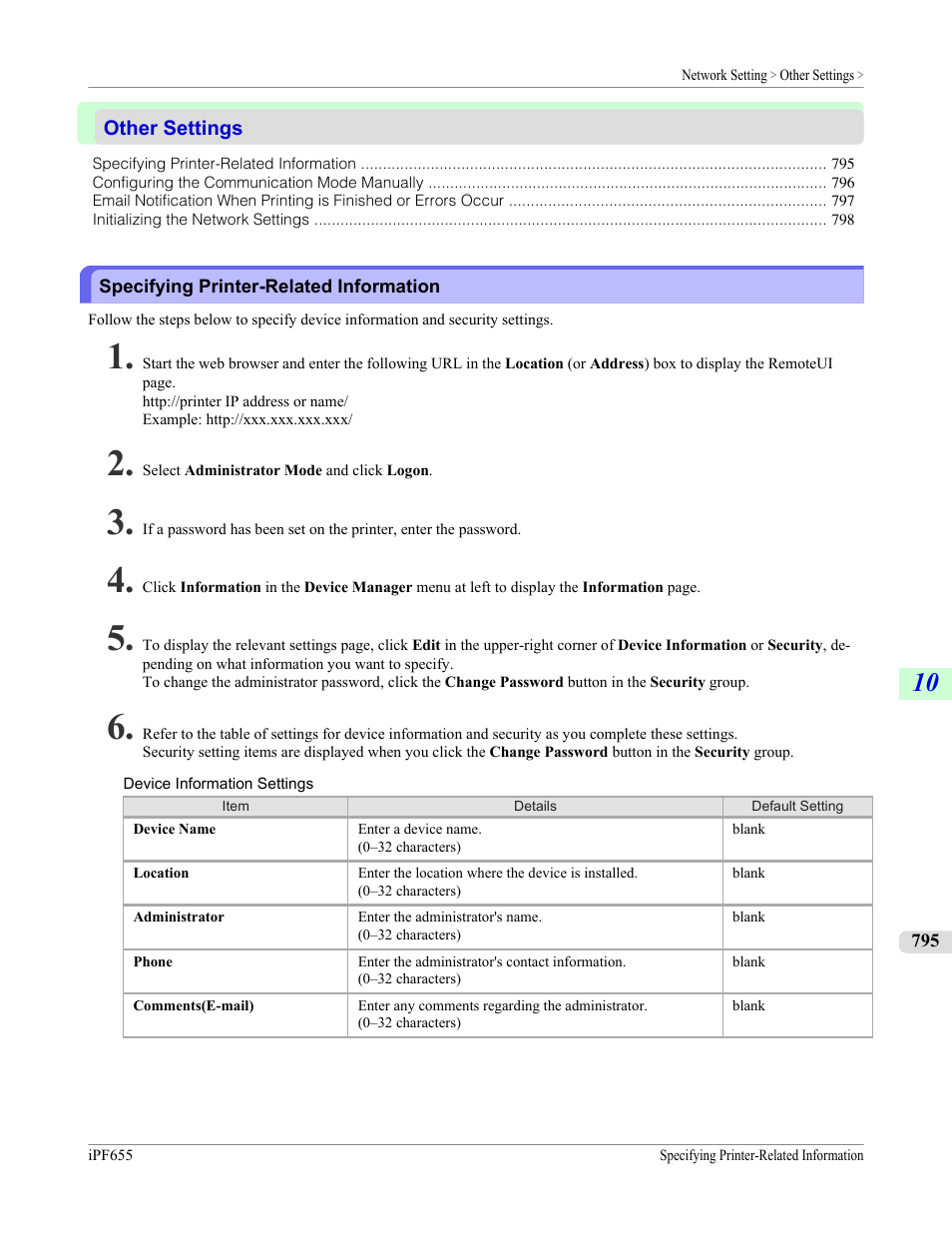 Other settings, Specifying printer-related information, P.795 | Canon imagePROGRAF iPF655 User Manual | Page 811 / 948
