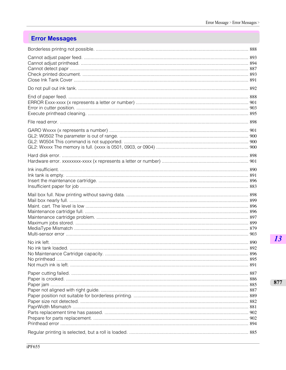 Error messages, See "error messages, P.877 | See "error messages.") | Canon imagePROGRAF iPF655 User Manual | Page 893 / 948